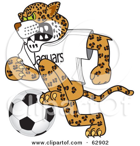 Royalty-Free (RF) Clipart Illustration of a Jaguar Character School Mascot Playing Soccer by Mascot Junction