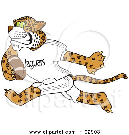 Royalty-Free (RF) Clipart Illustration of a Jaguar Character School Mascot Playing Football by Mascot Junction