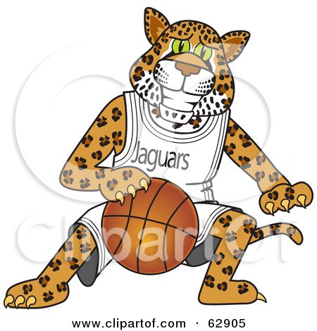 Royalty-Free (RF) Clipart Illustration of a Jaguar Character School Mascot Playing Basketball by Mascot Junction