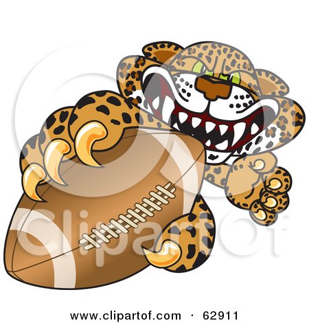 Royalty-Free (RF) Clipart Illustration of a Cheetah, Jaguar or Leopard Character School Mascot Grabbing a Football by Mascot Junction