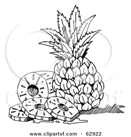 Royalty-Free (RF) Clipart Illustration of Black And White Sliced Pineapple Pieces Resting Against A Whole Fruit by LoopyLand