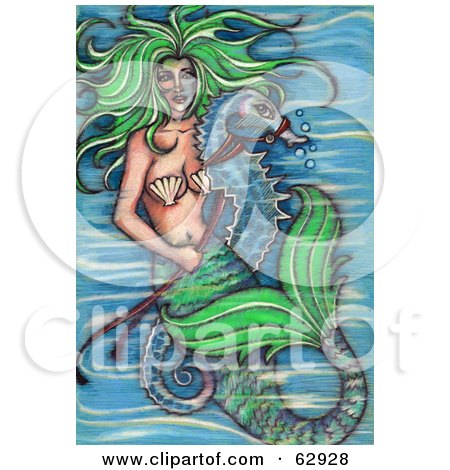Royalty-Free (RF) Clipart Illustration of a Green Haired Mermaid Holding The Reins To A Seahorse by LoopyLand