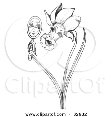 Royalty-Free (RF) Clipart Illustration of a Black And White Daffodil Admiring Herself In A Mirror by LoopyLand