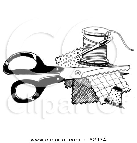 Royalty-Free (RF) Clipart Illustration of a Pair Of Sewing Scissors With Patches And Thread by LoopyLand