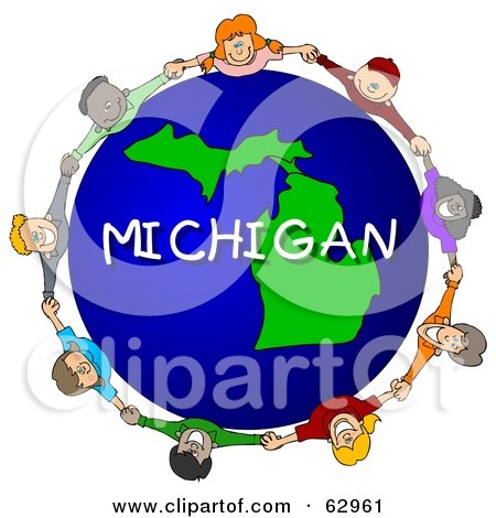 Royalty-Free (RF) Clipart Illustration of Children Holding Hands In A Circle Around A Michigan Globe by djart