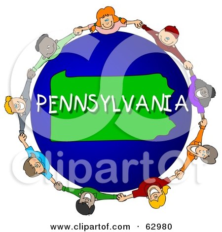 Royalty-Free (RF) Clipart Illustration of Children Holding Hands In A Circle Around A Pennsylvania Globe by djart