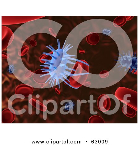 Royalty-Free (RF) Clipart Illustration of a 3d Blue Virus Attacking Red Blood Cells by AtStockIllustration
