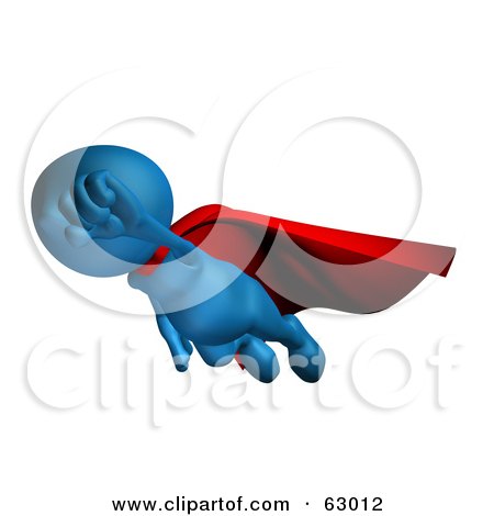 Royalty-Free (RF) Clipart Illustration of a 3d Blue Superhero Flying With His Fist Held Out by AtStockIllustration