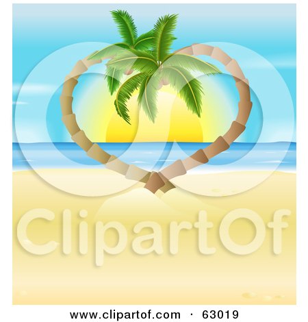 Royalty-Free (RF) Clipart Illustration of 3d Palm Tress Curving Into A Heart Around A Tropical Ocean Sunset by AtStockIllustration