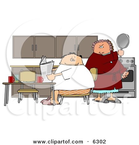 Angry Wife Preparing to Hit Her Lazy Husband with a Cooking Pan Clipart Picture by djart