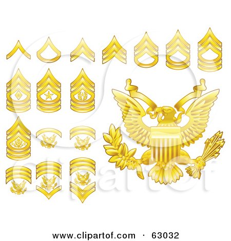 Royalty-Free (RF) Clipart Illustration of a Digital Collage Of Gold Military American Army Enlisted Rank Insignia Icons by AtStockIllustration