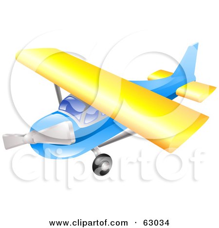 Royalty-Free (RF) Clipart Illustration of a 3d Blue And Yellow Airplane In Flight by AtStockIllustration