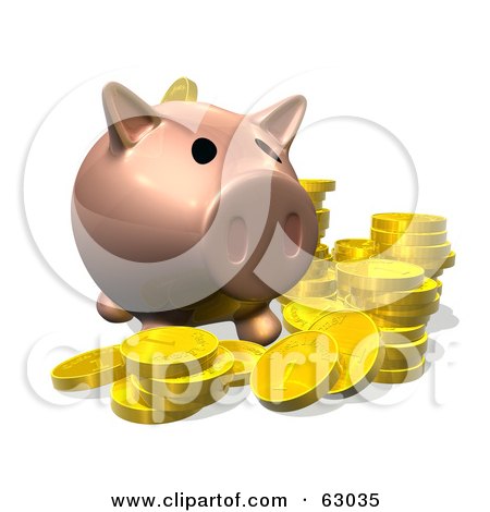 Royalty-Free (RF) Clipart Illustration of a 3d Pig Bank With Golden Goins by AtStockIllustration