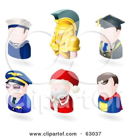 Royalty-Free (RF) Clipart Illustration of a Digital Collage Of Six Avatar People; Sailor, Spartan, Teacher, Pilot, Santa, And A Superhero by AtStockIllustration