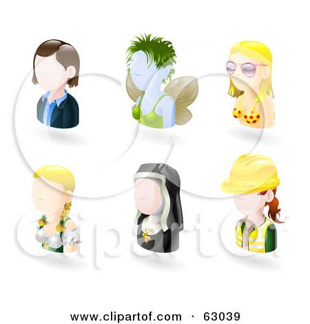 Royalty-Free (RF) Clipart Illustration of a Digital Collage Of Six Avatar People; Business Woman, Fairy, Bikini Girl, German Waitress, Nun, And Female Engineer by AtStockIllustration