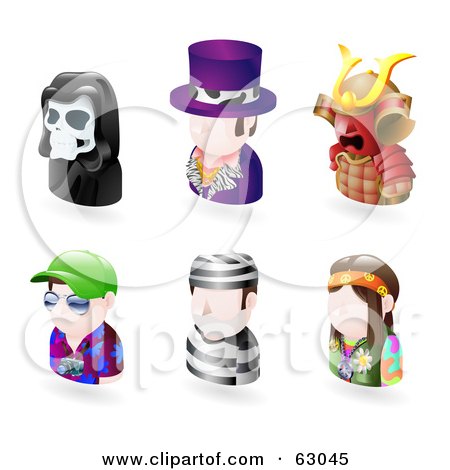 Royalty-Free (RF) Clipart Illustration of a Digital Collage Of Six Avatar People; Grim Reaper, Pimp, Samurai, Tourist, Prisoner, And A Hippie by AtStockIllustration