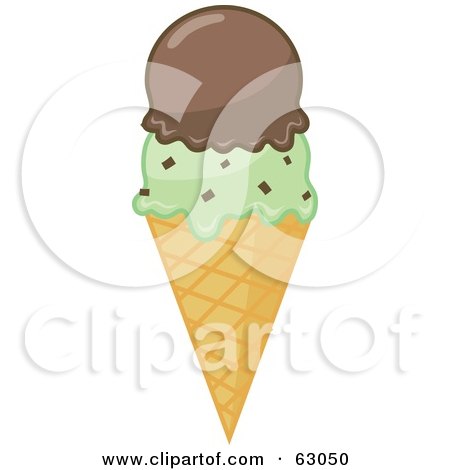 Royalty-Free (RF) Clipart Illustration of a Waffle Ice Cream Cone With Chocolate And Mint Chocolate Chip Scoops by Rosie Piter