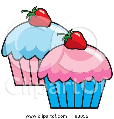 Royalty-Free (RF) Clipart Illustration of Two Cupcakes Topped With Pink And Blue Frosting And Strawberries by Rosie Piter