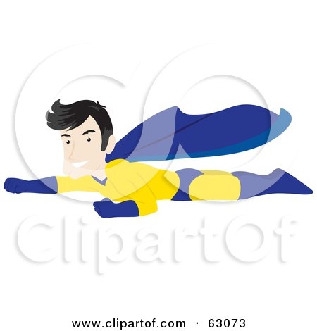 Royalty-Free (RF) Clipart Illustration of a Caucasian Male Super Hero Flying With One Arm Forward by Rosie Piter