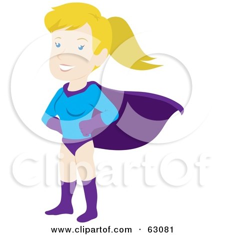 Royalty-Free (RF) Clipart Illustration of a Strong Caucasian Female Super Hero In A Purple Cape by Rosie Piter