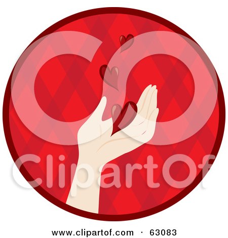 Royalty-Free (RF) Clipart Illustration of Red Hearts Floating Down Onto A Caucasian Hand In A Red Circle by Rosie Piter