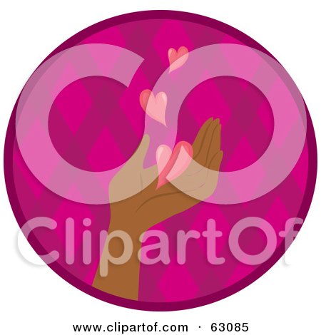 Royalty-Free (RF) Clipart Illustration of Pink Hearts Floating Down Onto A Hispanic Hand In A Pink Circle by Rosie Piter
