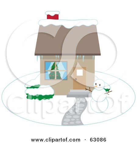 Royalty-Free (RF) Clipart Illustration of a Snowman In The Yard Of A Home In Winter by Rosie Piter