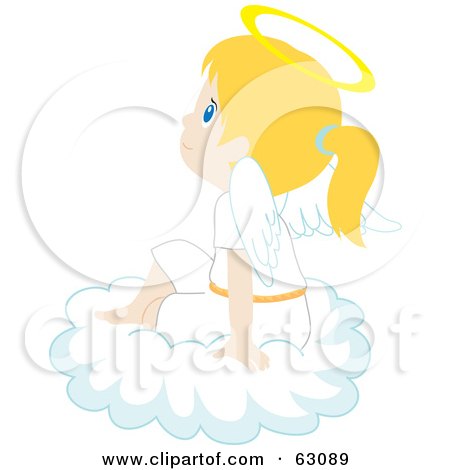Royalty-Free (RF) Clipart Illustration of an Innocent Blond Caucasian Angel Girl Sitting On A Cloud by Rosie Piter