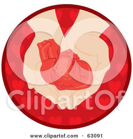 Royalty-Free (RF) Clipart Illustration of a Pair Of Hands Holding A Human Heart Over A Red Circle by Rosie Piter