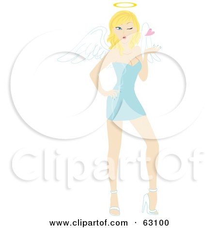 Royalty-Free (RF) Clipart Illustration of a Flirty Blond Angel Woman In A Shirt Blue Dress, Blowing A Heart by Rosie Piter