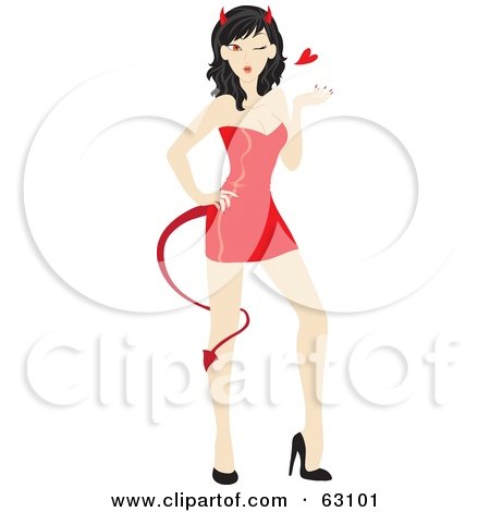 Royalty-Free (RF) Clipart Illustration of a Sexy She Devil In A Short Red Dress, Blowing A Heart by Rosie Piter