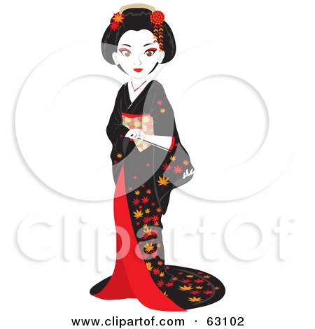 Royalty-Free (RF) Clipart Illustration of a Beautiful Geisha Woman In A Black And Red Dress by Rosie Piter