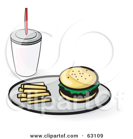 Royalty-Free (RF) Clipart Illustration of a Tray With French Fries And A Hamburger Served With A Soda by Leo Blanchette