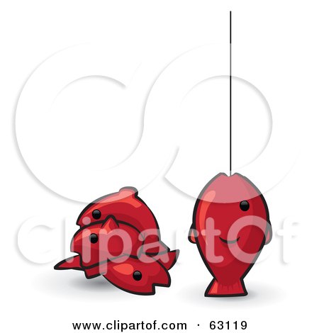 Royalty-Free (RF) Clipart Illustration of Red Animal Factor Fish, One On A Fishing Line by Leo Blanchette