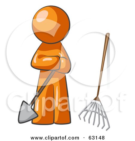Orange Man Gardener With A Shovel And A Rake Posters, Art Prints