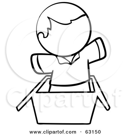 Royalty-Free (RF) Clipart Illustration of a Black And White Human Factor Man Jumping Out Of A Box by Leo Blanchette