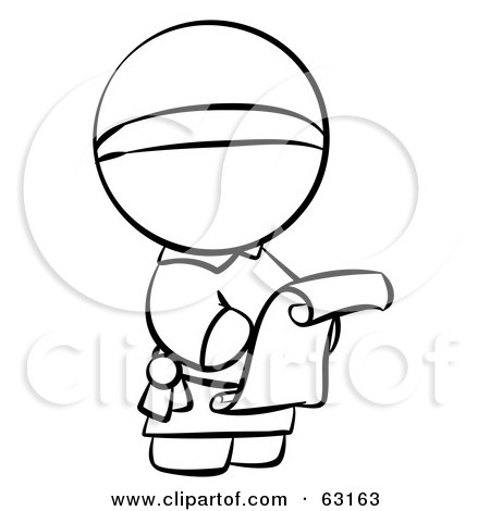 Royalty-Free (RF) Clipart Illustration of a Black And White Human Factor Monk Reading A Scroll Letter by Leo Blanchette