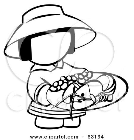 Royalty-Free (RF) Clipart Illustration of a Black And White Human Factor Chinese Girl With A Plate Of Seafood by Leo Blanchette