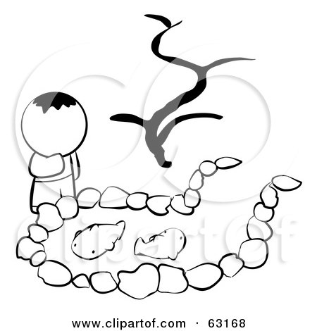 Royalty-Free (RF) Clipart Illustration of a Black And White Human Factor Boy Looking At A Koi Pond by Leo Blanchette