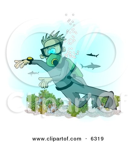 Scuba Diver with Sharks in the Deep Sea Clipart Illustration by djart
