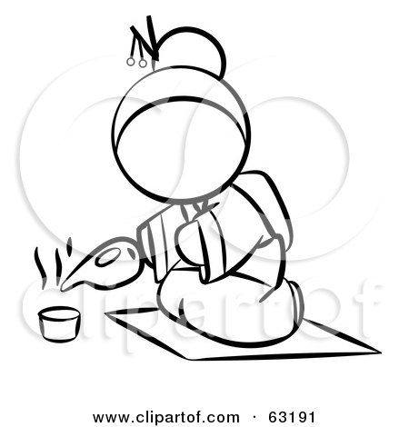 Royalty-Free (RF) Clipart Illustration of a Black And White Human Factor Geisha Woman Pouring Tea by Leo Blanchette