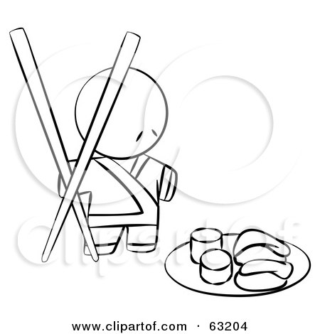 Royalty-Free (RF) Clipart Illustration of a Black And White Human Factor Sushi Chef With Giant Chopsticks by Leo Blanchette