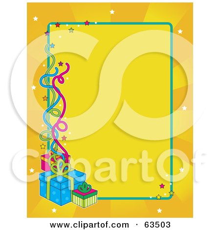 Royalty-Free (RF) Clipart Illustration of a Blank Yellow Birthday Background With Bursts, Stars, Streamers And Presents by Maria Bell
