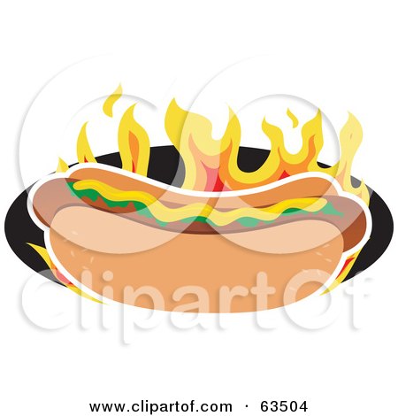 Royalty-Free (RF) Clipart Illustration of a Mustard And Relish Topped Hot Dog Over Flames by Maria Bell