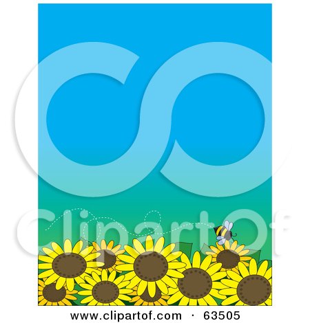 Royalty-Free (RF) Clipart Illustration of a Little Bee Flying Over A Field Of Sunflowers On A Gradient Blue Background by Maria Bell