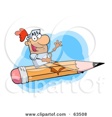 Royalty-Free (RF) Clipart Illustration of a Freelancer Knight Man Riding On A Giant Pencil Over Blue by Hit Toon