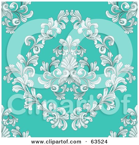 Royalty-Free (RF) Clipart Illustration of a Seamless Victorian Retro Floral Design Background On Turquoise by AtStockIllustration