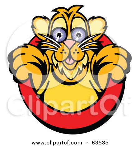 Royalty-Free (RF) Clipart Illustration of a Cute Tiger Cub Emerging From A Red Circle by Andy Nortnik