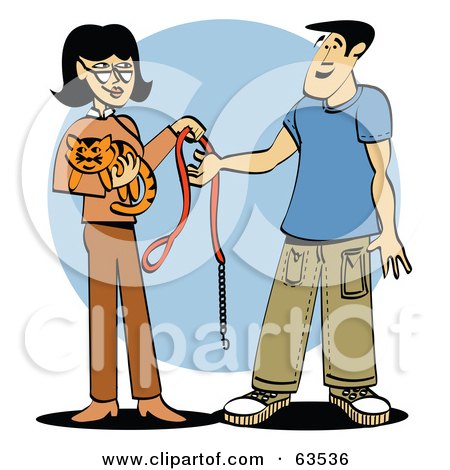 Royalty-Free (RF) Clipart Illustration of a Woman Handing Her Kitty Cat's Collar And Leash To A Pet Sitter by Andy Nortnik