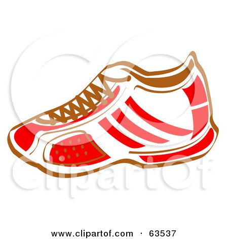 Royalty-Free (RF) Clipart Illustration of a Red And White Sneaker Shoe With Brown Laces by Andy Nortnik